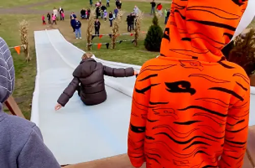 A kid wearing an orange and black hoodie waits to go down the slide. 