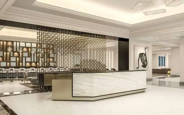 White interior of Four Seasons Hotel in Chicago.