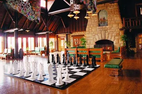 Inside of building with large chessboard