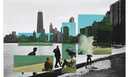 A black and white photograph of the northshore coastline of Chicago