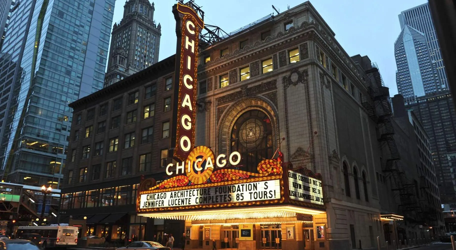 Chicago Theatre's exterior lit up at night.