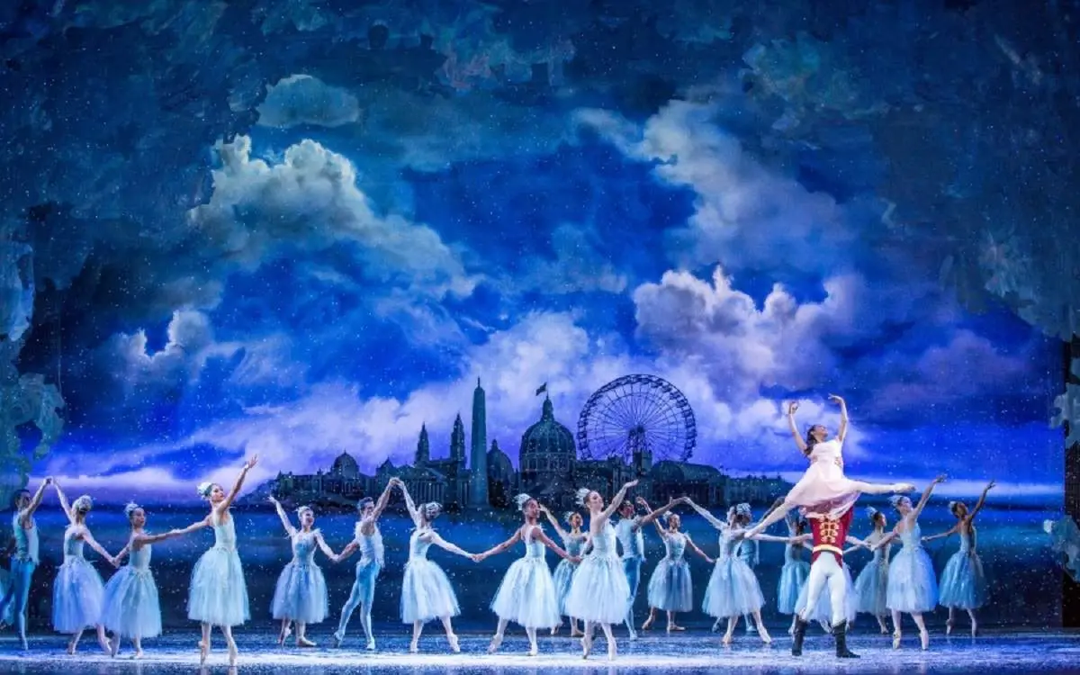 Ballet dancers performing The Nutcracker on stage in a Joffrey Ballet performance