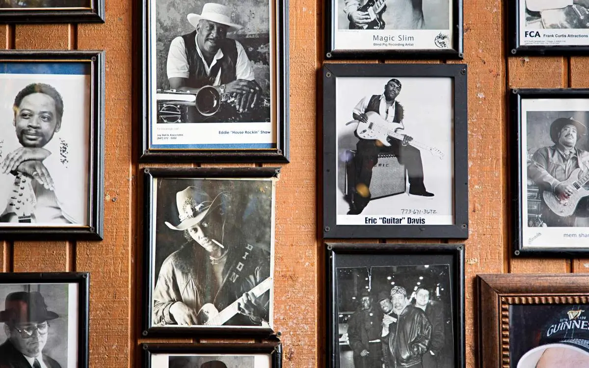 Portraits of blues artists at Kingston Mines in Chicago