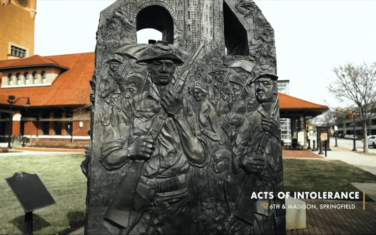 Preston Jackson's "Acts of Intolerance" sculpture in front of the Abraham Lincoln Presidential Library and Museum in Springfield
