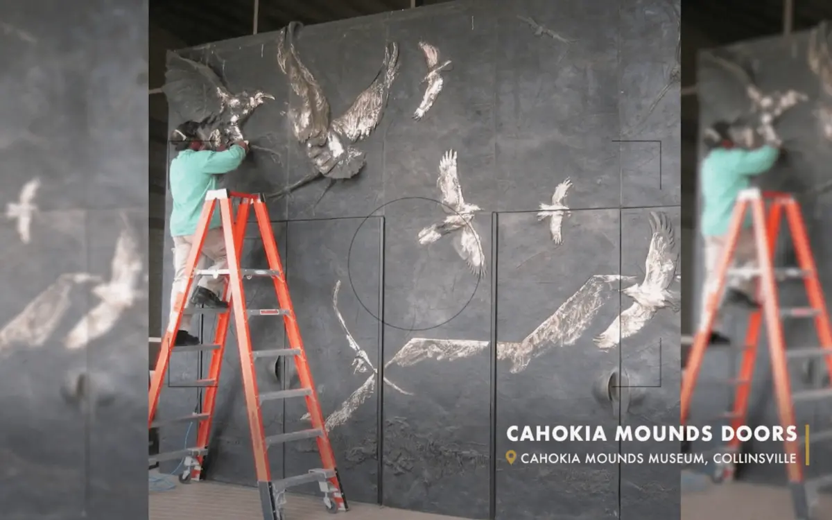 Preston Jackson works on his Bronze Doors sculpture at Cohokia Mounds Museum in Collinsville