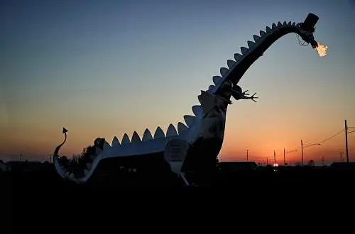 The Kaskaskia Dragon, a large dragon sculpture breathing fire.