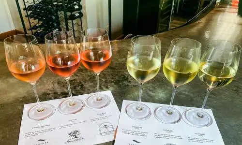 Rose & white wine on a table at Shawnee Hills winery