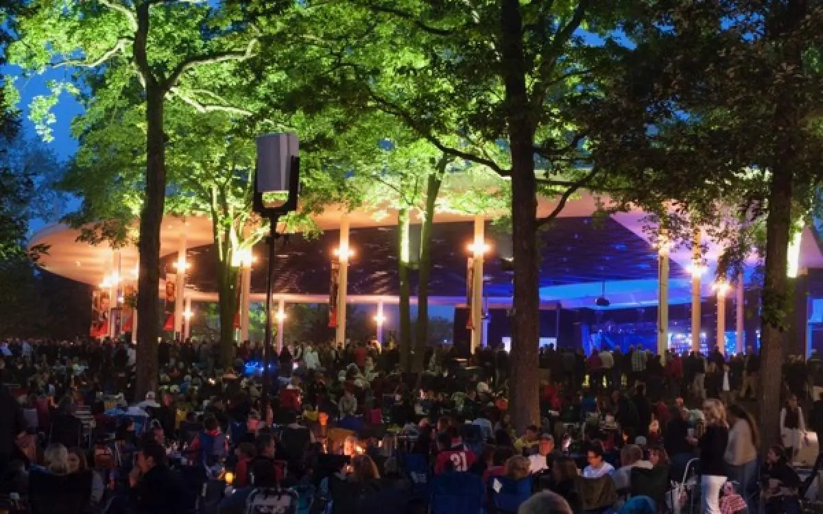 A crowd at a concert at night with lights