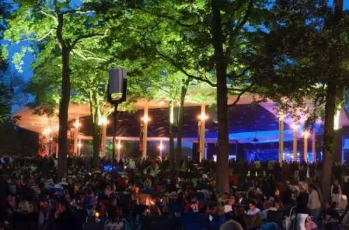 A crowd at a concert at night with lights