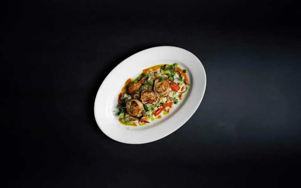 Aerial shot of a shrimp dish.
