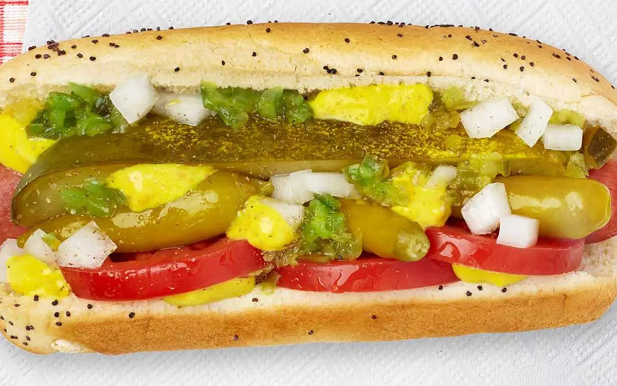 Top view of a Chicago Style Hot Dog