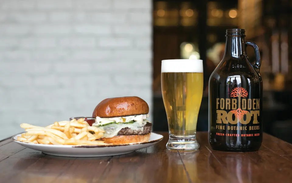 Beer and burger and fries