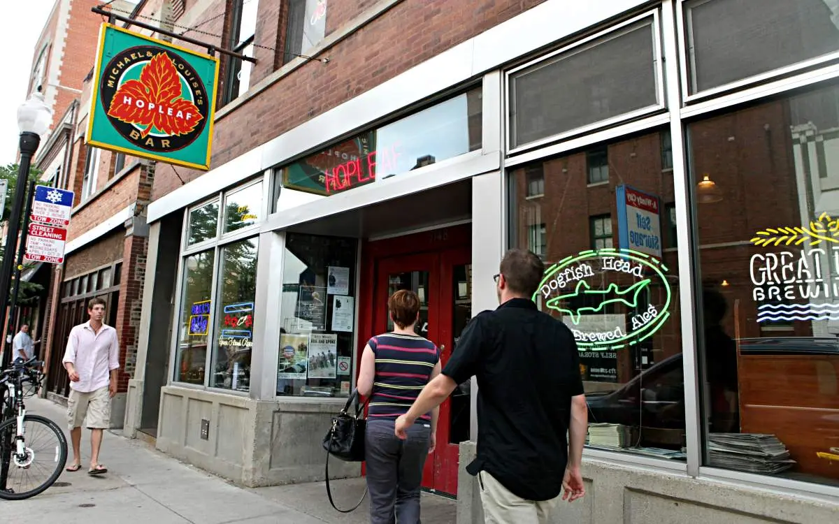 Roadside view of Hopleaf Bar.