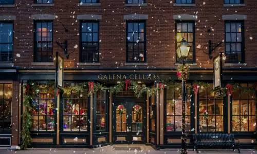 Exterior of Galena Cellars during the holiday season.
