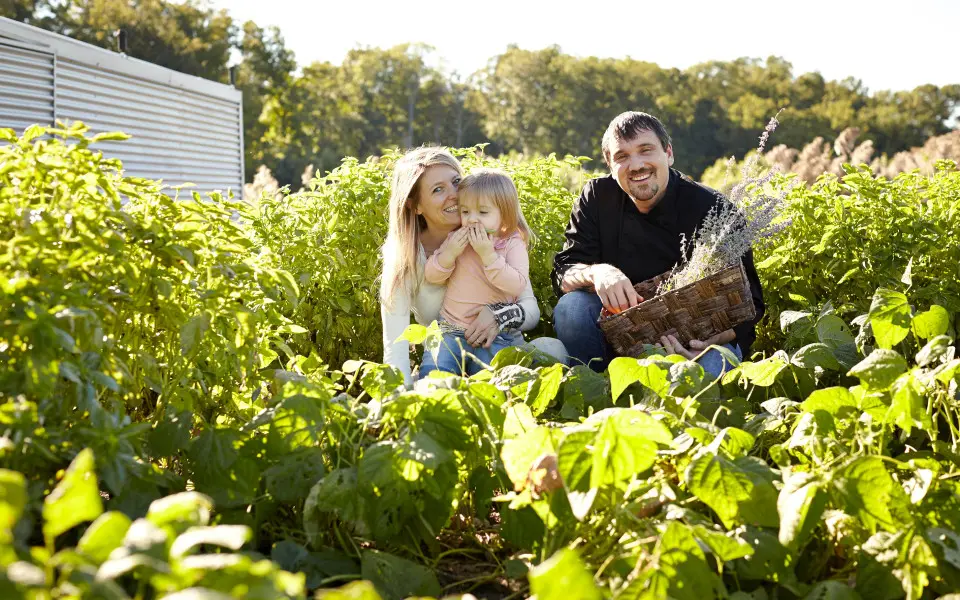 Owners of Firefly with their child and crops