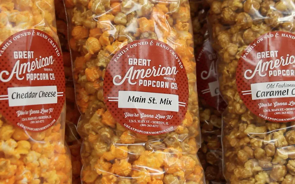 Bags of popcorn at Great American Popcorn Co