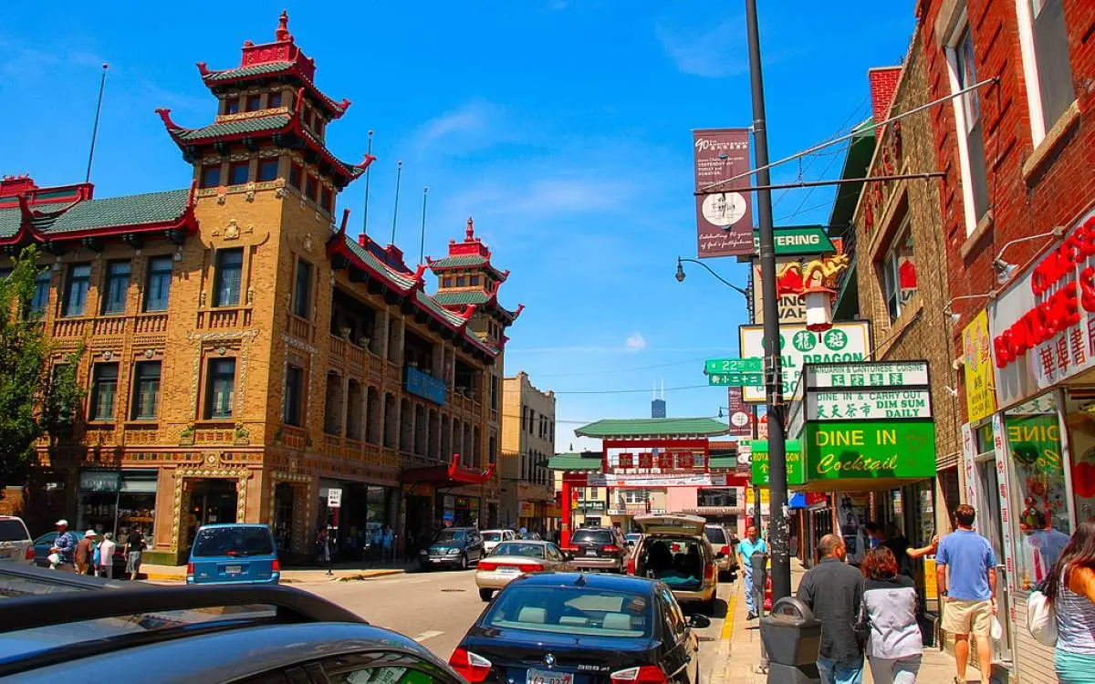A view down the main street in Chinatown Chicago