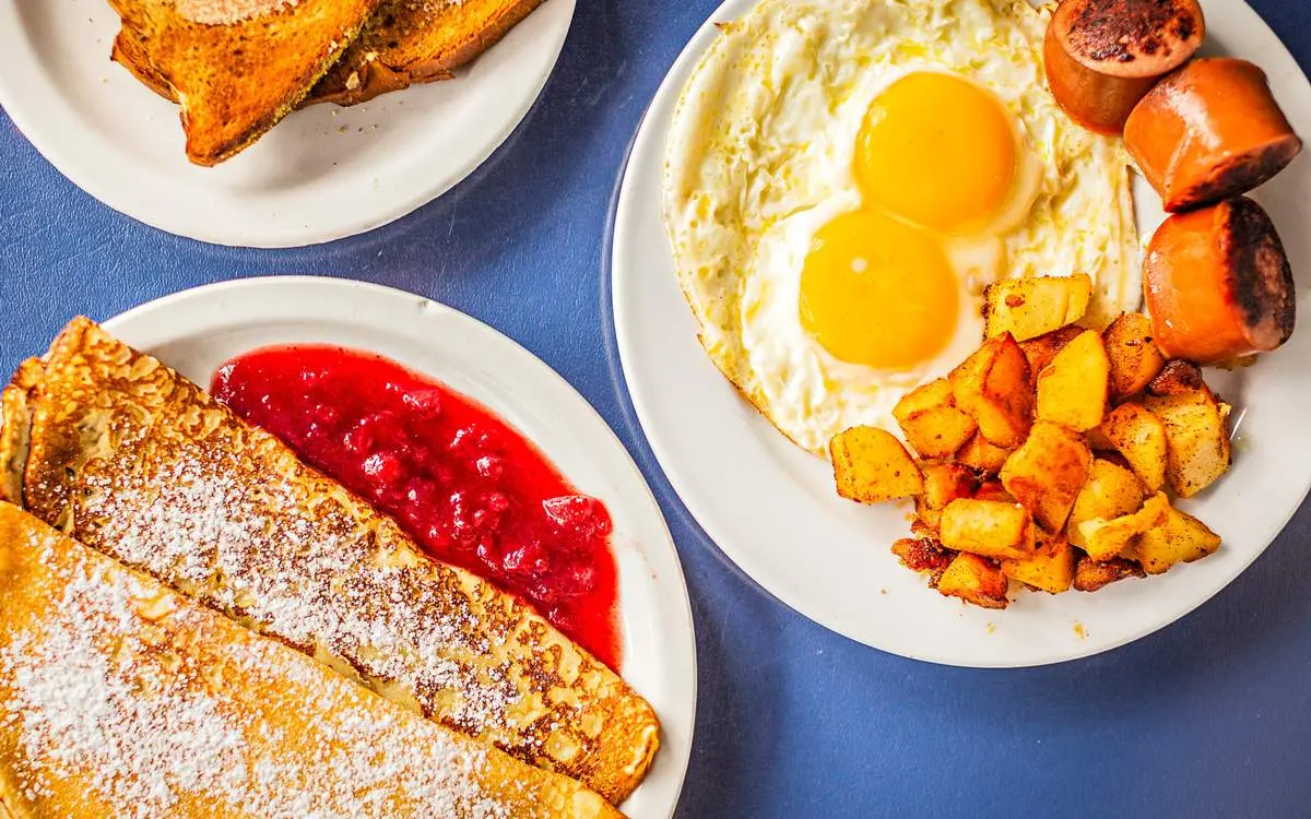 Aerial shot of crepelike Swedish pancakes highlight the Viking breakfast at Svea.