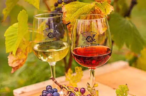 Wine and grapes on a box