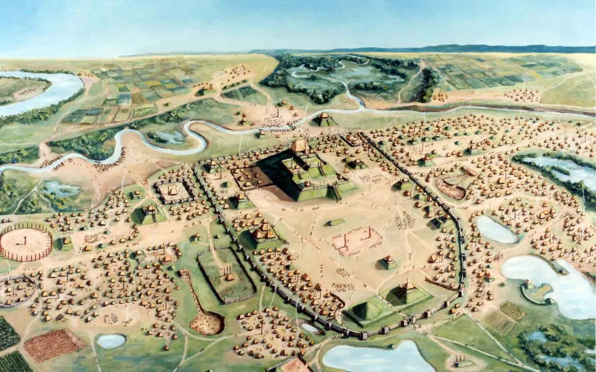 Aerial view of Cahokia in painting style.