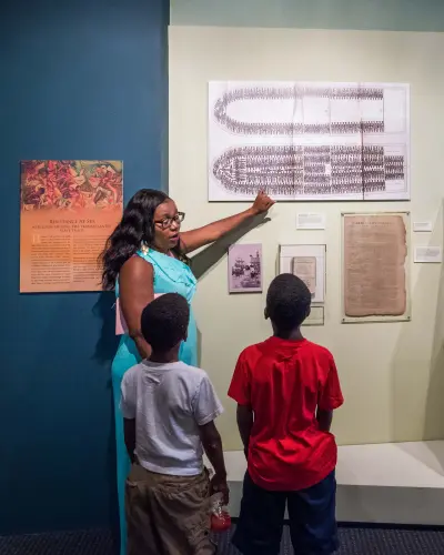 Woman showing the kids pictures on the wall