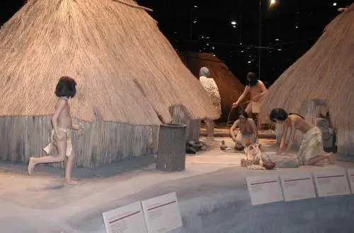 Village Scene of what it was like in Cahokia Mounds.