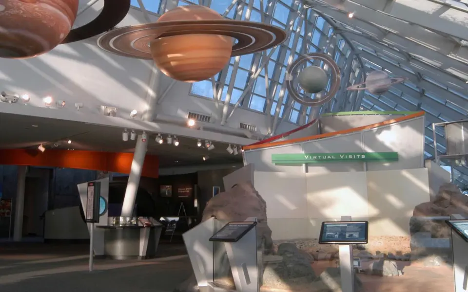 Planets hanging down from the ceiling in the Adler Planetarium.