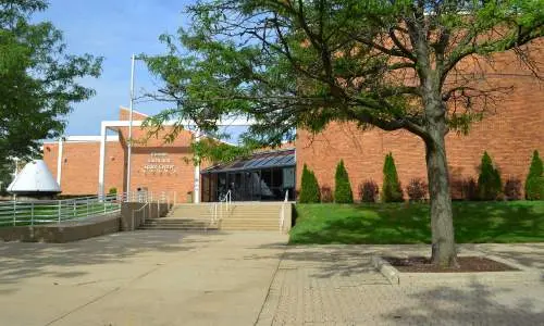 Exterior of Cernan Earth Space Center building on a sunny day