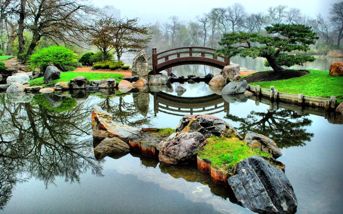 A garden with pond, rocks and a wooden bridge
