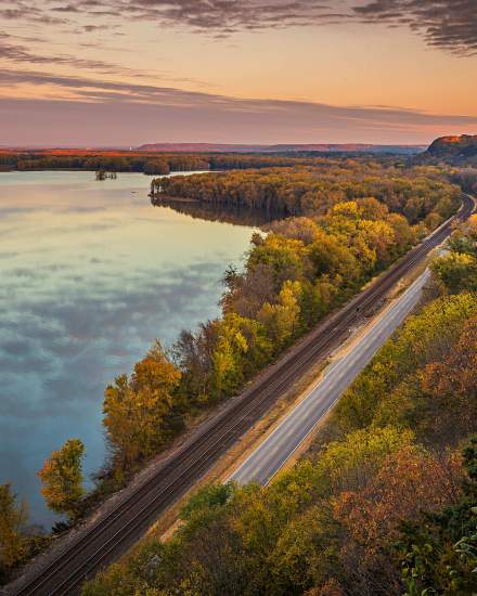 Overhead view of fall colors on the Great River Road next to the Mississippi river
