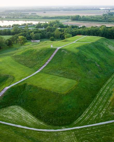 An aerial view of green hills at Cahokia Mounds