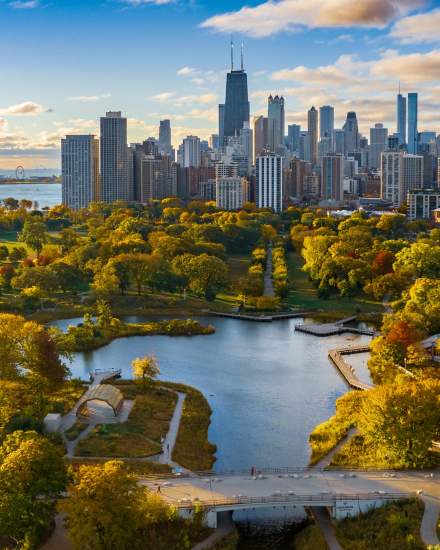 The Chicago skyline and Lincoln park at sunrise