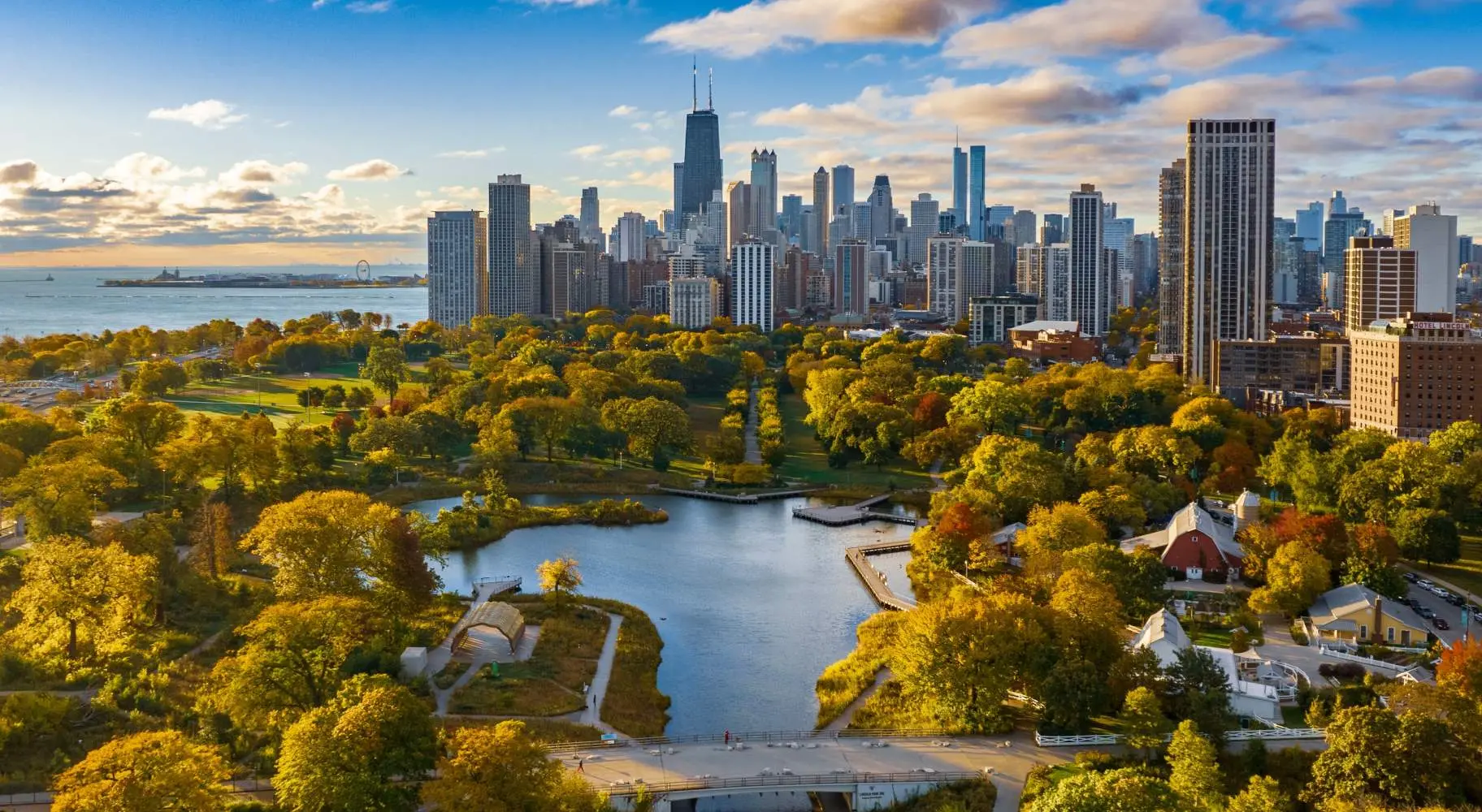The Chicago skyline and Lincoln park at sunrise