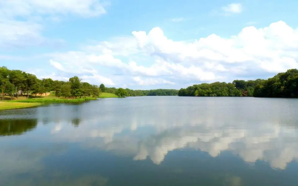 A peaceful lake reflecting a blue cloudy sky above, with greenery on shorelines