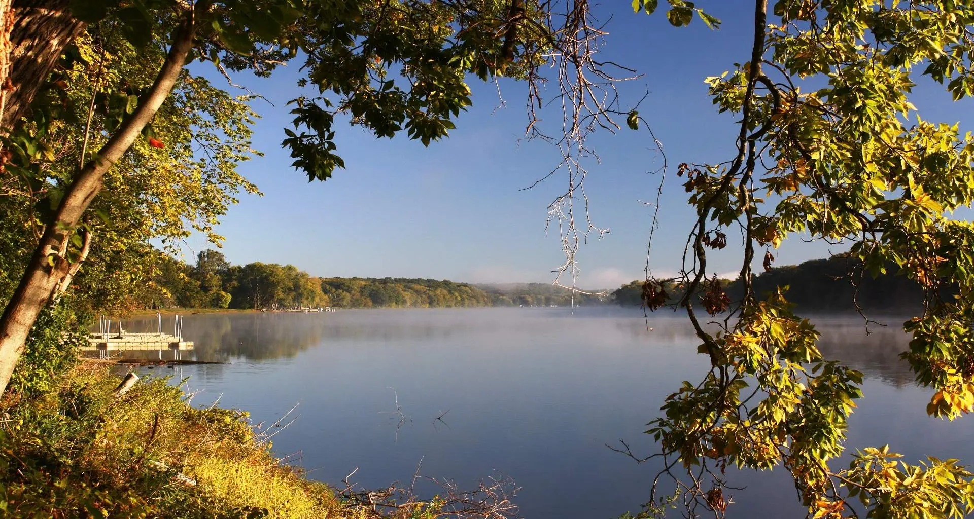 A wide river between two tree-lined banks, seen from amid trees