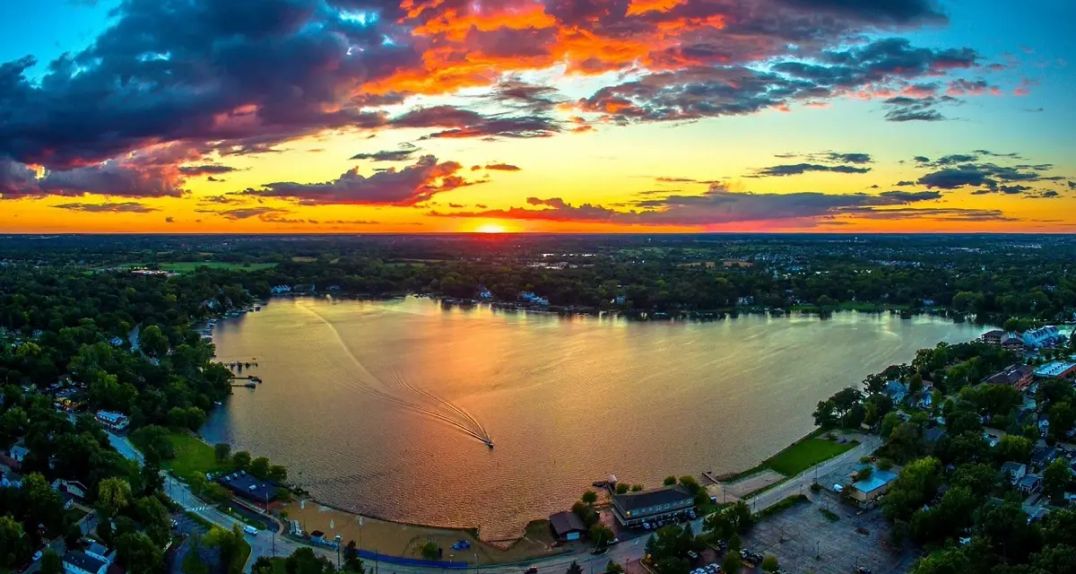 Aerial view of Diamond Lake at sunset