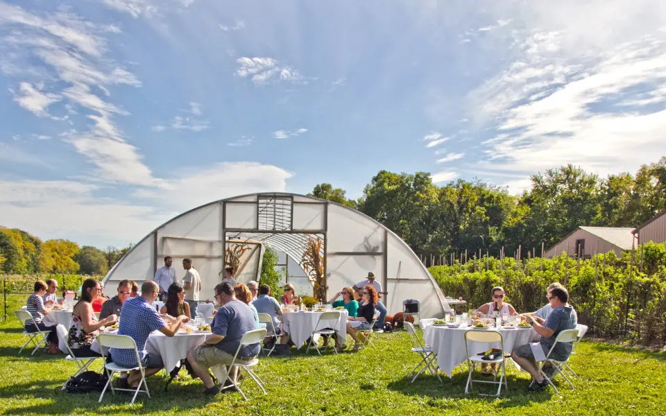 People eating outside at tables at Epiphany Farms