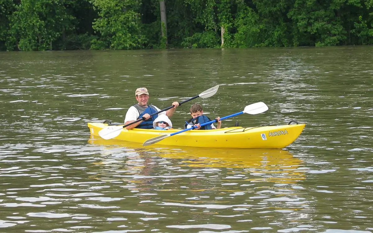 Father and kids kayaking on a river