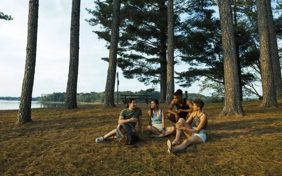 A group sit amongst the trees by Rend Lake