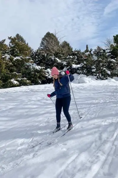 Two people skiing