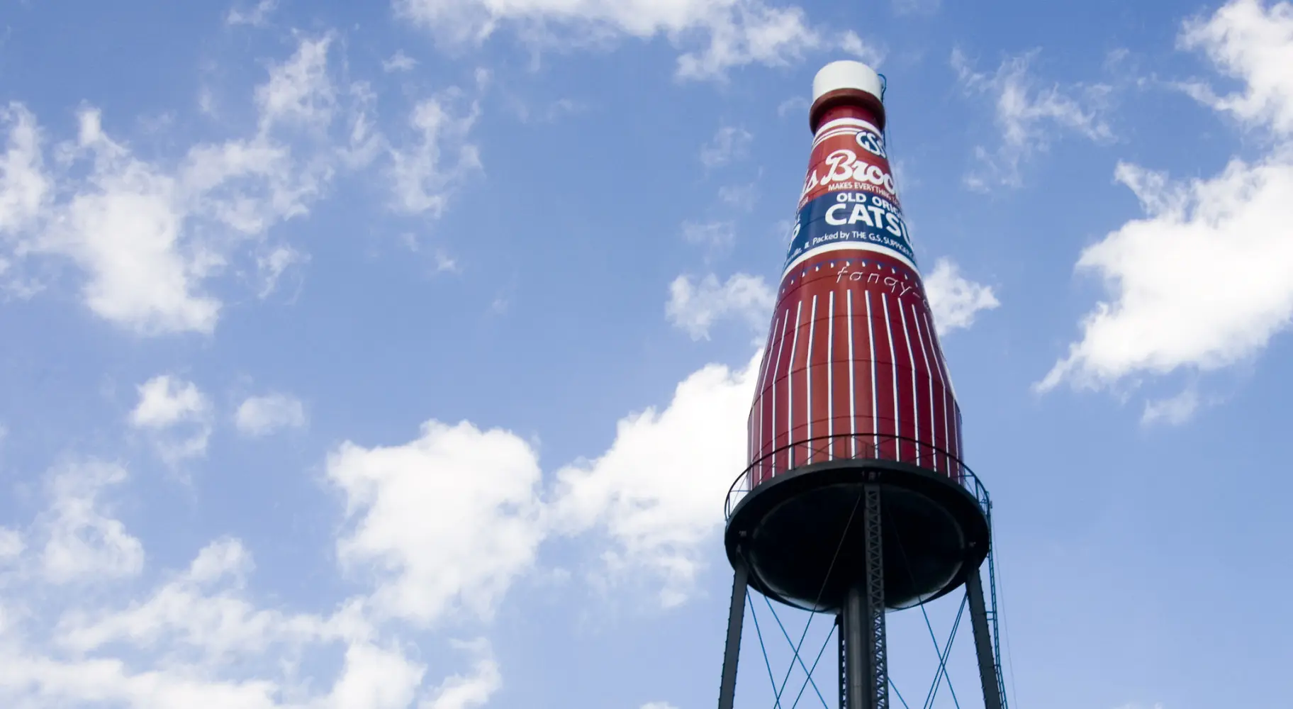 The giant Brooks Catsup Bottle against a blue sky in Collinsville