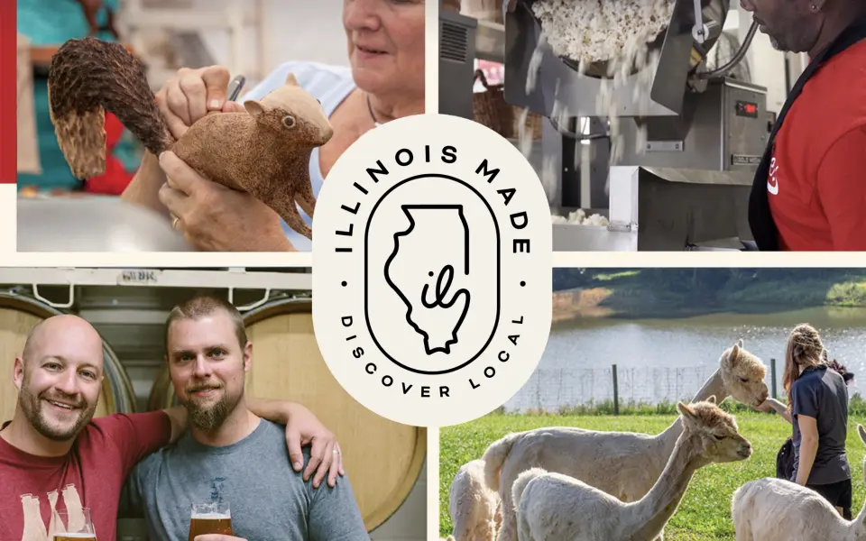 The Illinois Made logo over four different local businesses